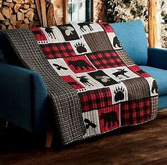 LODGE LIFE Full Queen QUILT SET BLACK BEAR PAW MOOSE CABIN RED BUFFALO CHECK 